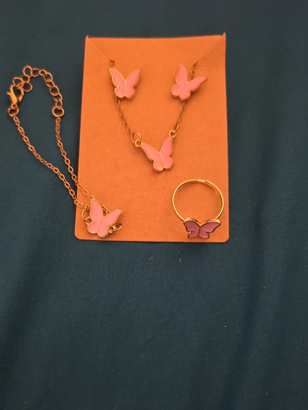 Pink Butterfly Gold-Tone Jewelry Set - Necklace, Earrings, Bracelet & Ring